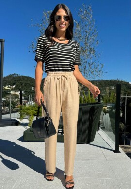 CALÇA WIDE LEG FEMININA CÓS DE ELÁSTICO - COSH - Bege escuro